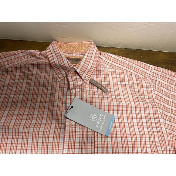 Ariat Mens Short Sleeve Button Down Classic Fit Orange Plaid Shirt Size Large - Picture 2 of 11